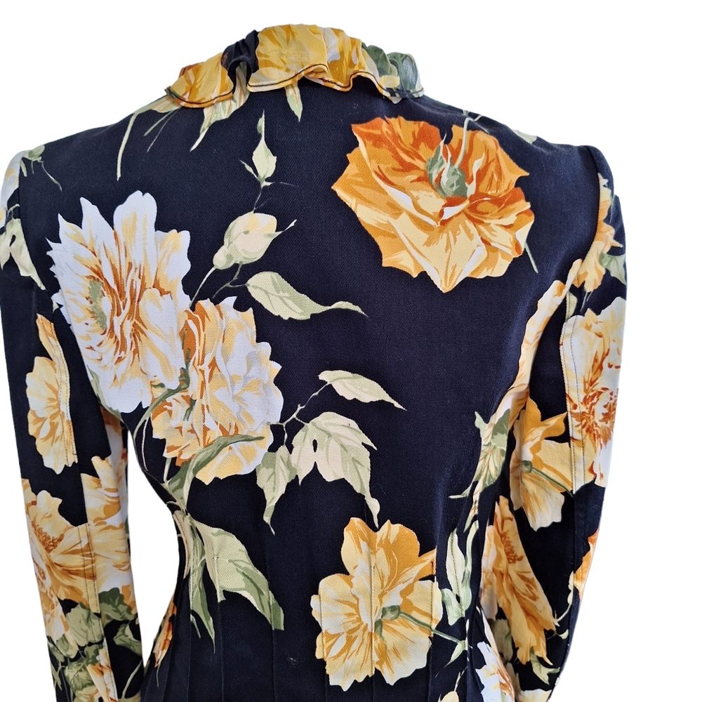 St. John Sport by Marie Gray Black Yellow Floral Ruffle Trim Blazer Jacket szS - Picture 5 of 13
